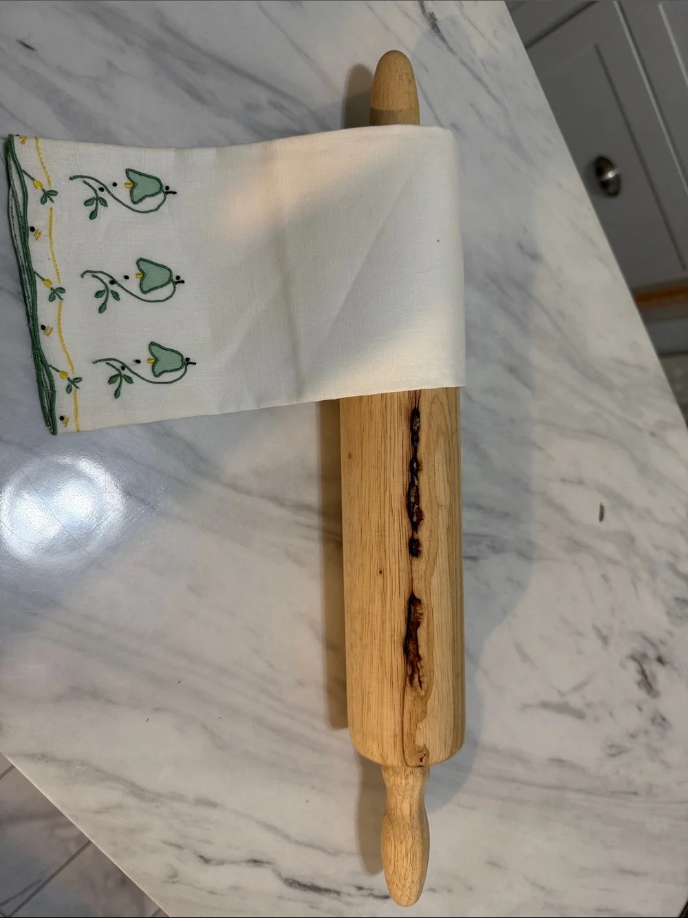 Handcrafted Hardwood Rolling Pin & Vintage Embroidered Linen Bread Basket Towel